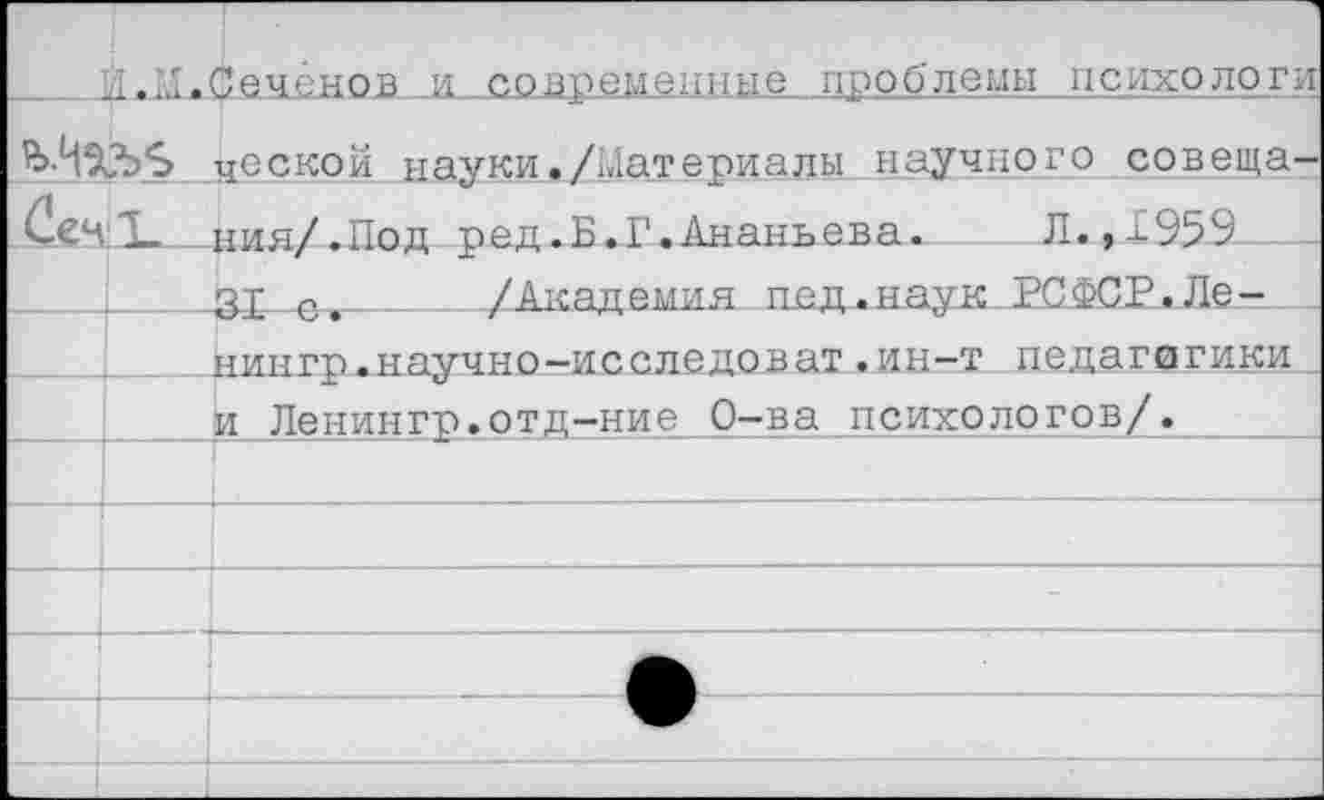 ﻿С е ч нов и современные проблемы психологи ческой науки./Материалы научного совеща-СхчЪ . ния/.Лод ред.Б.Г.Ананьева.	Л. ,1959.
Зр с>_____/Академия пед.наук РСФСР.Ле-
нингр.научно-ис еледо в ат. ин-т педагогики и Ленингр. отд-ние_ О-ва психологов/.